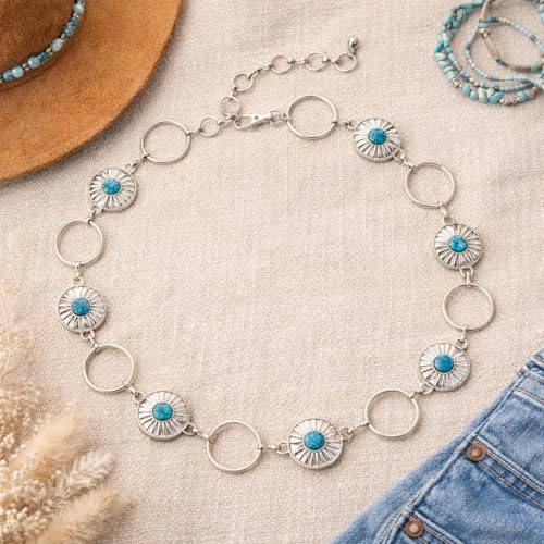Women's Concho Chain Belt – Adjustable Western Waist Belt for Cowgirl, Festival & Boho Outfits - color: Silver With Turquoise, size: Small-Medium