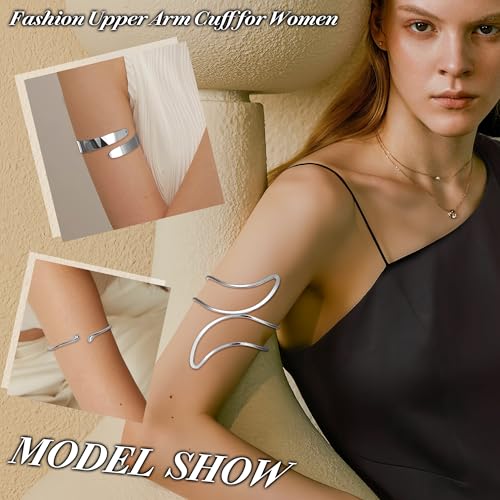 9Pcs Arm Cuff Bracelets Gold Upper Arm Cuff for Women Adjustable Upper Arm Bangle Bracelet Minimalist Irregular Arm Bangle Armband Coil Swirl Armlets Armband Jewelry Set - color: Silver B