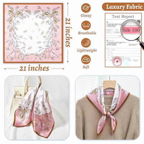 100% Mulberry Silk Neck Scarf 21''x21'' Small Square Hair Scarf for Women Men Lightweight Bandana Envelope Package - color: Shell Flower- Pink