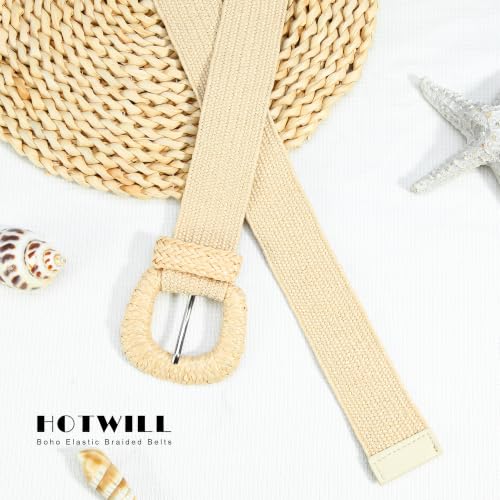 HOTWILL Women Straw Woven Belt Boho Elastic Stretch Braided Waist Belts for Summer Dresses - color: Beige_d Ring Buckle
