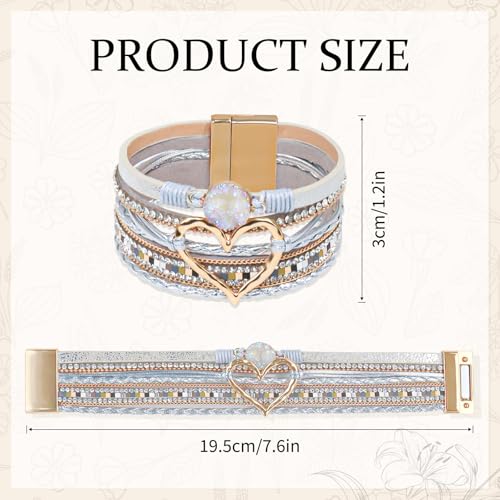 Leather Wrap Bracelet for Women, Boho Cuff Bracelet with Strong Clasp, Multi-Layer Crystal Leather Bracelet for Valentine Mother's Day - color: 01-Heart-Sliver with Gold Clasp