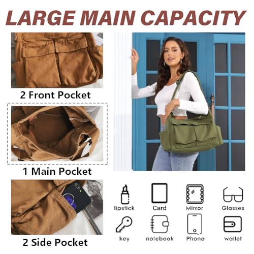KlaOYer Canvas Messenger Bag Large Hobo Bag Crossbody Shoulder Bag Tote Bag with Pocket for Women and Men - color: Brown