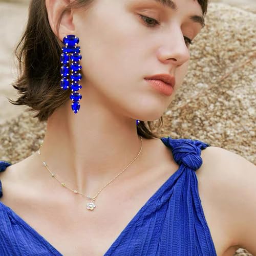 Boho Large Sparkly Rhinestones Teardrop Drop Dangle Earrings Long Tassel Full Crystals Chain Earrings for Women Wedding - style: Blue