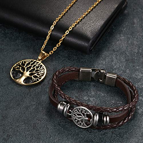 Cupimatch Men Tree of Life Symbol Pendant Necklace Leather Bracelet, Stainless Steel 22 inch Chian Jewelry Set (Black) for Father's Day - color: Brown