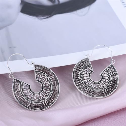 Boho Antique Carved Flower Dangle Drop Earrings for Women Vintage Retro Handmade Hollowed Antiqued Bronze Floral Shaped Geometric Gold Silver Plated Hoop Earrings for Ethnic Style Jewelry Gifts - color: Silver round earrings