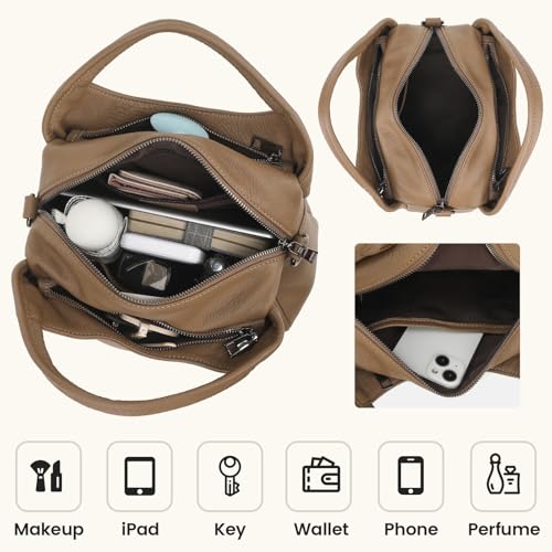 KOGTLA Medium Genuine Leather Purses for Women with Detachable Satchel Strap, Ladies Soft Handbags, Tote Hobo Bags - color: Khaki