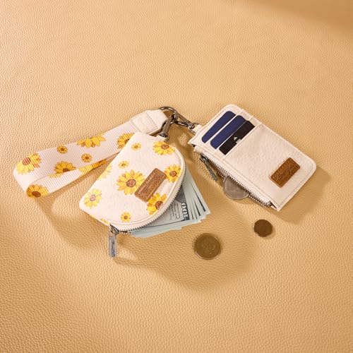 Wrangler KeyChain Wristlet Wallets for Women Sunflower Floral Dual Pouch Wristlet Western Credit Card Holder Wallet with Zipper Pocket - color: Sunflower Tan