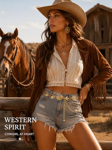 FIORETTO Western Waist Chain Belt Metal Concho Belt for Women Cowgirl Cowboy Boho Country Belt for Dress Jean - color: Gold-24, size: Fit Waist Up to 42"