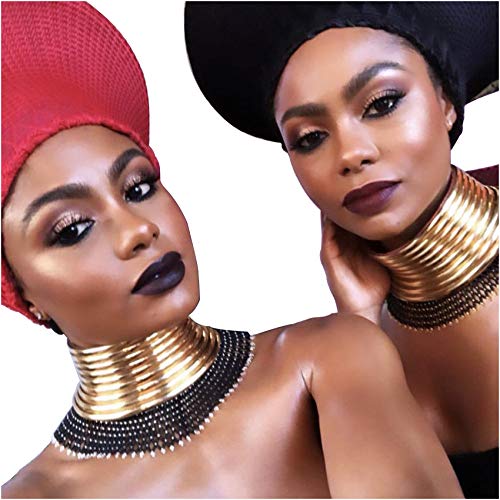 African Choker Collars Necklace,Snap Egypt Punk Gothic Chunky Leather Bib Statement Necklaces for Women and Girls - color: Gold Set