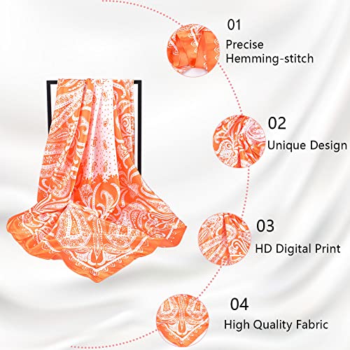 4Pcs Silk Head Scarves for Women Satin Hair Scarf 35”Large Square Bandana Silk Like Neck Scarf Shawl - color: Orange/Navy/Black/Coffee