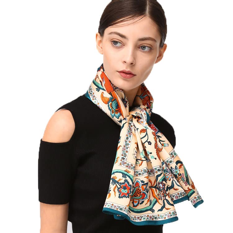 100% Silk Scarves, Extra-Large and XX-Large - color: Beanstalk, Creme With Teal Trim