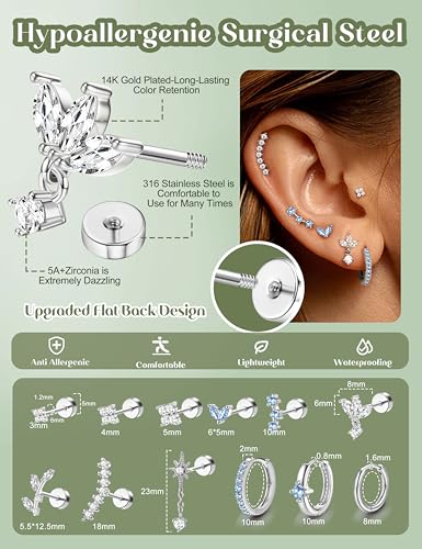 ORAZIO 16 Gauge Cartilage Earrings for Women Flat Back Hypoallergenic Surgical Steel Small Flatback Stud Hoop Cartilage Earring Stack Set Daith Conch Tragus Helix Piercing Jewelry Single PC - color: Silver Plated+Blue CZ