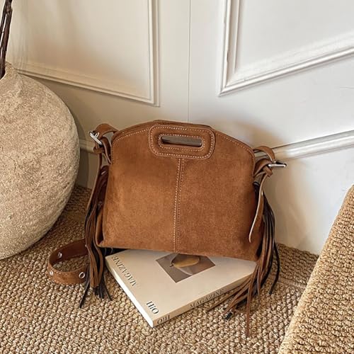 Women's Suede Fringe Crossbody Bag, Retro Hollow Handle Shoulder Purse, Novelty Fashion Tassels Bucket Bag Handbag - color: Brown