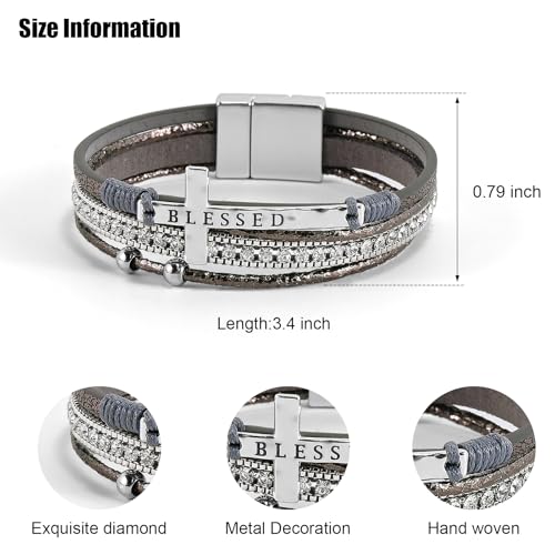 VIBILIA Boho Leather Wrap Bracelets for Women Men Multi-Layer Bracelets with Strong Clasp Western Jewelry - color: 11-Cross-Gray
