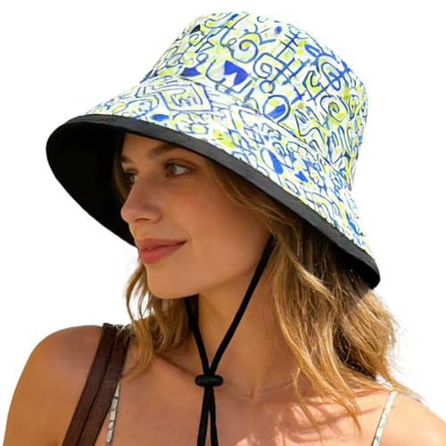 Women's Summer Sun Hat - Reversible Design with Striped Lining Adjustable Brim for Travel and Outings Cap - color: Printed-black
