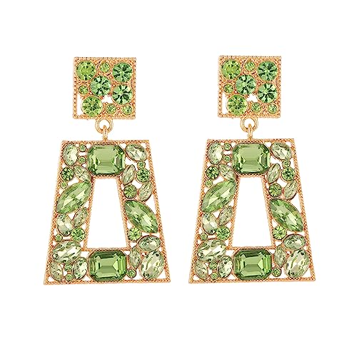 Rhinestone Rectangle Statement Earrings Colorful Crystal Geometric Drop Dangle Earrings for Women Prom Party - color: Lime Green