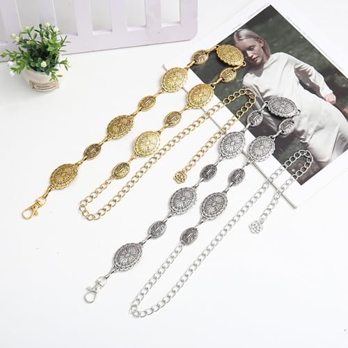 Concho Chain Belt for Women, Premium Body Waist Belly Belt for Concerts, Festivals, Cosplay, Daily Wear - color: Silver