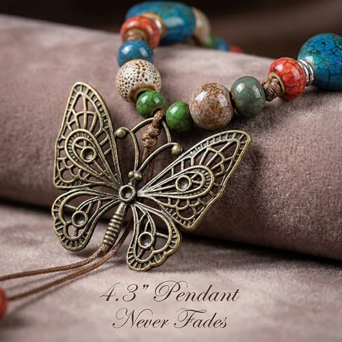 Boho Necklace for Women,Vintage Butterfly Pendant Necklaces,Adjustable Wooden Beads Layered Braided Choker,Fashion Tribal Style Leather Rope Necklace Jewelry,Chunky Statement Gift for Women - color: Colorful2