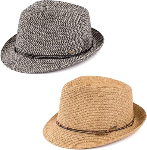 Funky Junque Straw Fedora Hats for Women - UPF 50+ Sun Hat, Short Brim Packable Beach Hat with Woven Pattern - color: 2 Pack - Brown & Natural Multi W/ Beaded Ropes