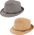 Funky Junque Straw Fedora Hats for Women - UPF 50+ Sun Hat, Short Brim Packable Beach Hat with Woven Pattern - color: 2 Pack - Brown & Natural Multi W/ Beaded Ropes