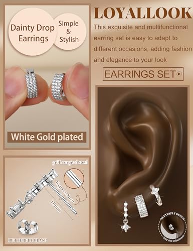 LOYALLOOK Hypoallergenic Flat Back Stud Hoop Earrings for Women, 14K Gold Plated Surgical Steel Earring Stacks Set for Sensitive Ears, Dainty Dangle Chain Silver Cartilage Earring Trendy Piercing Jewelry - color: Silver-chain