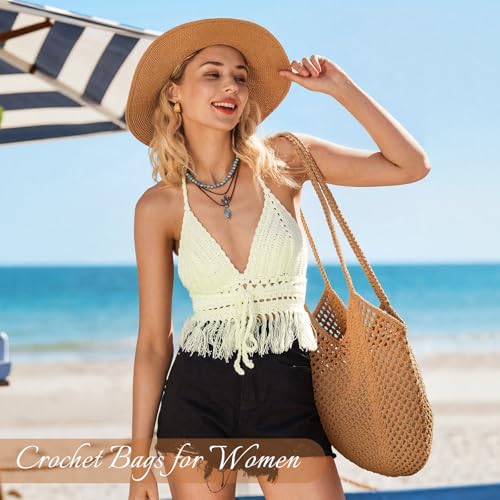 Tavaleu Crochet Tote Beach Bags for Women, Mesh Beach Tote Knit Bag, Summer Vacation Aesthetic Boho Hobo Shoulder Bag - color: Khaki - Mesh Crochet