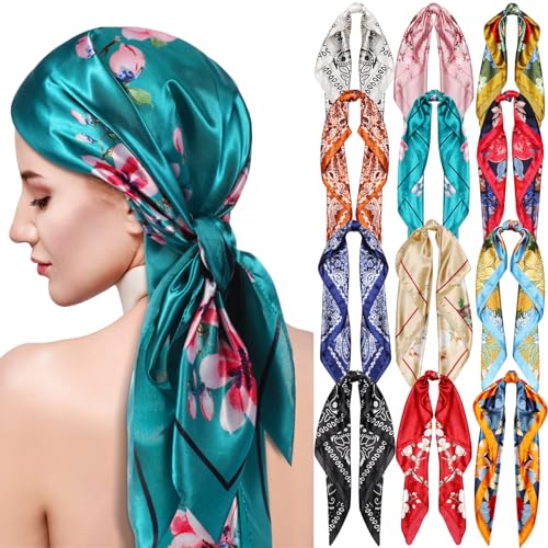 Hicarer 12 Pcs 35 Inch Satin Head Scarf Square Silk Like Neck Scarf Large Hair Scarf Silk Lightweight Hair Wrapping for Women - color: Bohemian Floral Style