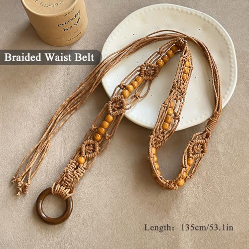 Women Braided Waist Belt Boho Woven Belt with Wooden Beads and Ring Clasp Vintage Long Tassel Rope Tie Belt for Dress - color: Light Brown