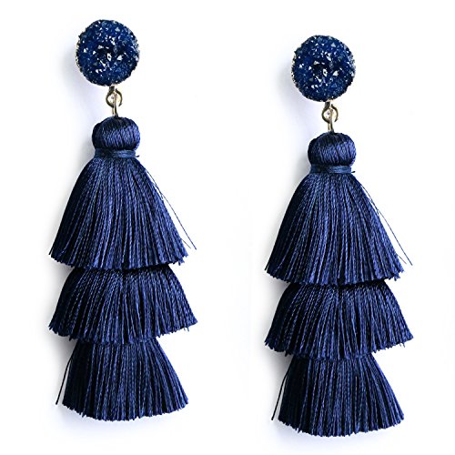Me&Hz Colorful Layered Tassel Earrings Bohemian Statement Tiered Tassel Big Dangle Drop Earrings for Women Druzy Studs Valentine’s Day Gift - color: Navy Blue