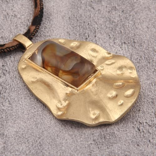 GelConnie Leather Necklaces Turquoise Long Boho Necklaces for Women Brown Chunky Circle Pendant Chocker Necklace Gold Sweater Necklace - style: Brown Leopard Print Necklace