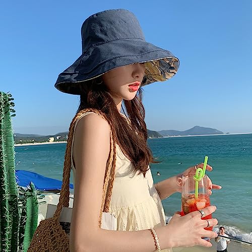 HUAMULAN Women Summer Sun Hat Wide Brim Wired Edge Floral Beach Bucket Hats Reversible Foldable Travel UV Protection Lady Hat - color: M1744-navy
