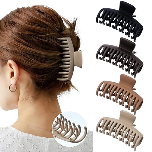 Mesovor 4 Pack Double Row Teeth Claw Clips for Thin Hair, 3.5" Medium Strong Hold Matte Hair Clips for Thin and Short Fine Hair Accessories (Neutral Matte) - color: Neutral Matte