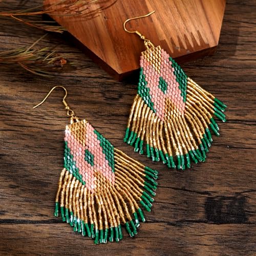 Bohemian Beaded Long Tassel Dangle Earrings for Women, Handmade Jewelry White Tarnish Resistant Lightweight Design, Stylish Accessory for Beach Vacation Party and Gift - color: Gold