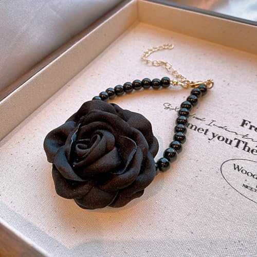Vintage Imitation Pearl Bracelet with Rose Flower Charm Dainty Pearl Wrist Band Boho Rose Hand Accessories for Women Bridal Wedding Prom Festival - color: Black