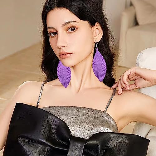 Large Genuine Soft leaf Leather Handmade Fringe Tassel Feather Lightweight Tear Drop Dangle Color Earrings for Women - color: Violet
