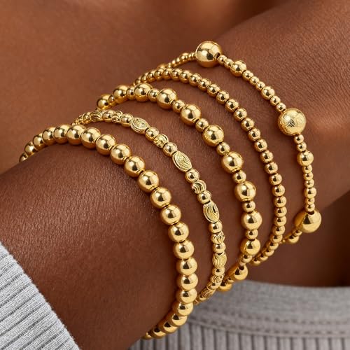 Gold Beaded Bracelets for Women: 14K Gold Bracelets for Women Trendy Dainty Gold Ball Bracelet Stack for Womens - Boho Stretch Bracelets Jewelry Sets with Cross Fashion Accessories Gifts for Women - style: Gold Bead