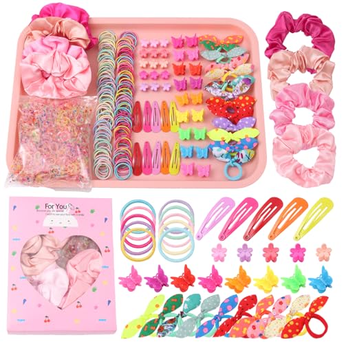 Rosvia Hair Accessories Set for Girls,Toddler Colorful Elastic Hair Ties with Gift Box 505PCS, Cute Rabbit Ear Hair Ties, Mini Flower Claw Clips and Butterfly Hair Clips,Satin Silk Scrunchies - color: Multicolor-1