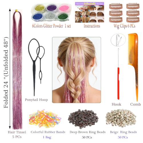 Celinebella Bubblegum Pink Hair Tinsel, 48" 1250 Strands Bright Shimmer | Vibrant hot pink bubblegum tone, youthful energetic, heat resistant, great for prom concerts birthday parties events - color: 01-Bubblegum Pink, size: 48 Inch Pack of 5Pcs