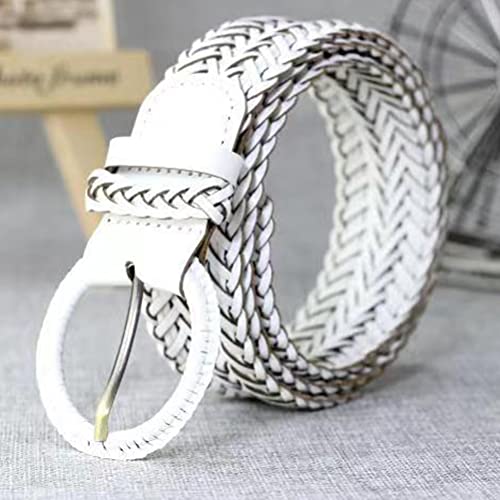 Women Wide Braided Leather Belt 1.6 inch Ladies Soft Woven Waistband with Buckle - color: White