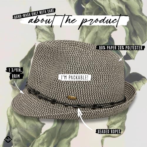 Funky Junque Straw Fedora Hats for Women - UPF 50+ Sun Hat, Short Brim Packable Beach Hat with Woven Pattern - color: Black Multi W/ Beaded Ropes