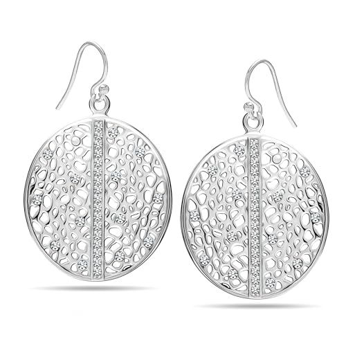 LeCalla Sterling Silver Dangle Earrings for Women | 925 Sterling Silver Long Interlocked Handmade Textured Drop Earring for Women - color: CZ Floral Filigree