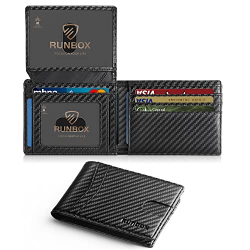 RUNBOX Wallet for Men -Slim Rfid Leather Mens Bifold Novelty Wallets 2 ID Window With Gift Box Men's Accessories | Slim - color: Carbon Black-15 slots
