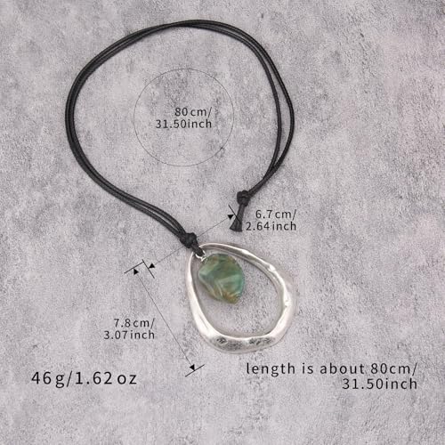 Bohemian Women's Leather Long Pendant Necklace Sweater necklace Adjustable Retro Woven Handmade Jewelry - color: Silver Water Drop Green Stone