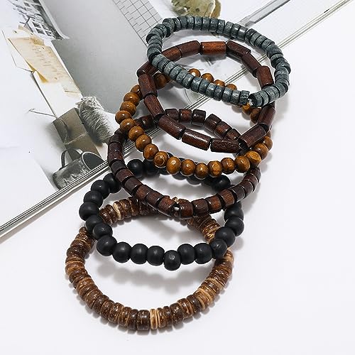 5pcs Wooden Bead Bracelet Set with Charm and Tassel for Men & Women - Stackable Boho Bracelets, Amber Color Scheme Adjustable Bracelet - color: Brown Gray