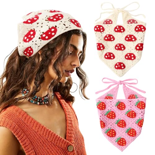DRESHOW Floral Crochet Hair Bandana Tie Knotted Headscarf Vintage Headband Knitted Head Kerchief for Women Girls - color: 2 Pcs Strawberry Mushroom (Pink + Beige)