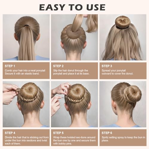 Teenitor Donut Hair Bun Maker Set, 7 Pieces Hair Bun Makers (1 extra-large, 2 large, 2 medium and 2 small), 5 pieces Hair Elastic Bands, 20 pieces Hair Pins, Tan Color - color: Tan