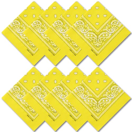 Raylarnia 8 PCS 100% Cotton Bandanas, 22 Inchs Multi-Purpose Bandana Scarfs Headbands for Men and Women - color: 8-yellow