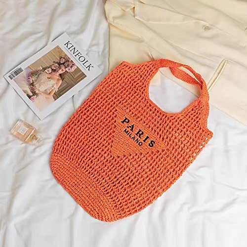 POOOPSSD New Woven Bag, Straw Mesh Tote Bag, Beach, Shoulder Bag, Hobo Women, Foldable Large Capacity, for Holiday. - color: Orange