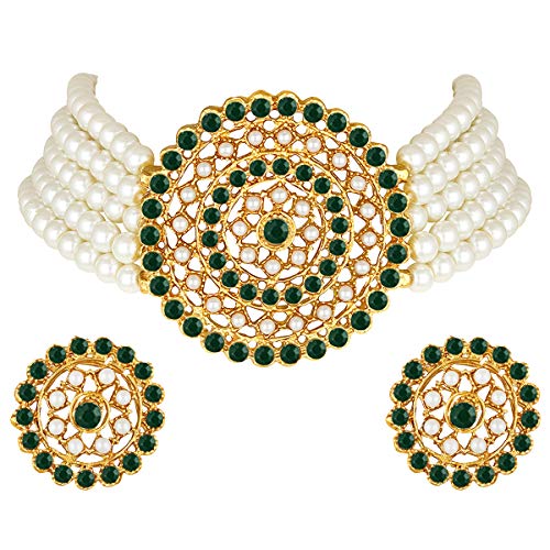 Aheli Pearl Diamond Choker Necklace & Round Earrings Gift for Women Indian Traditional Bollywood Fashion Bharatanatyam jewellery set - color: White & Green