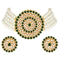 Aheli Pearl Diamond Choker Necklace & Round Earrings Gift for Women Indian Traditional Bollywood Fashion Bharatanatyam jewellery set - color: White & Green